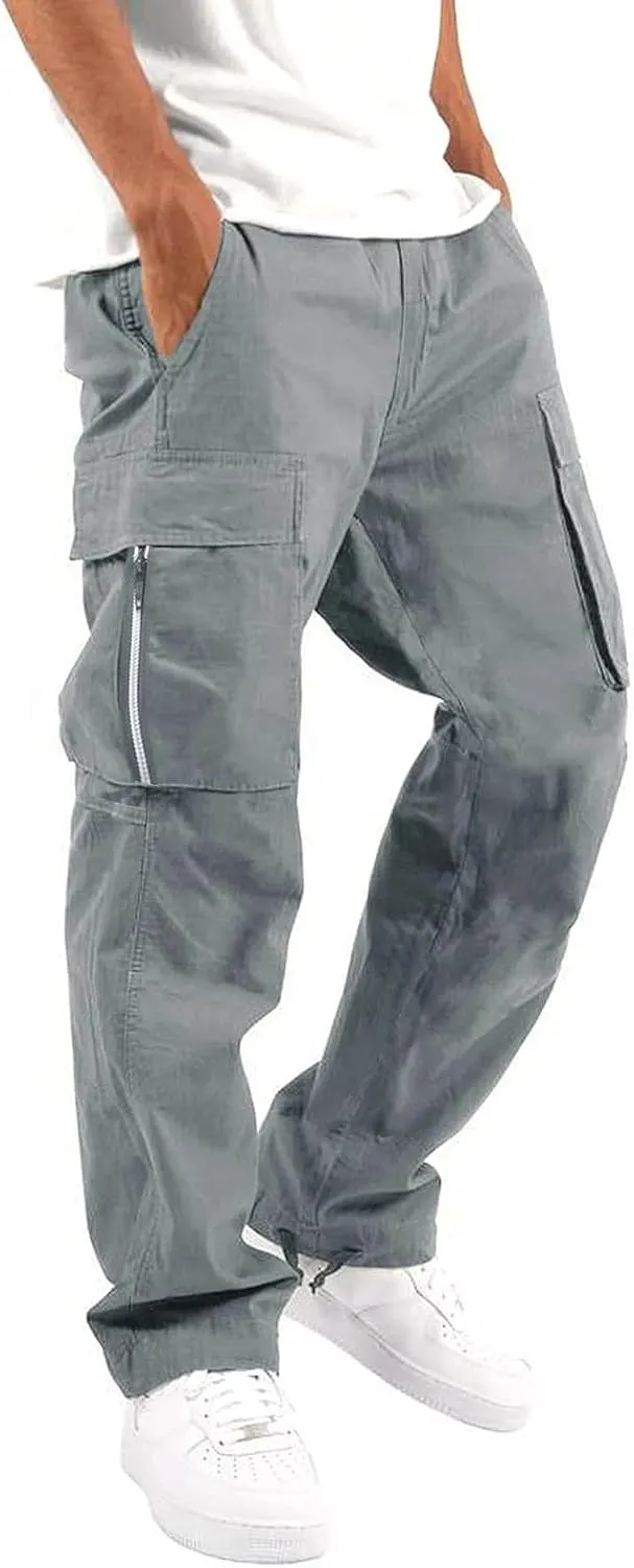 Cargo Pants for Men Work Multiple Pockets Y2K Drawstring Waist Athletic Hiking Pants Lightweight Comfy Trousers Men Cargo Pants Grey L