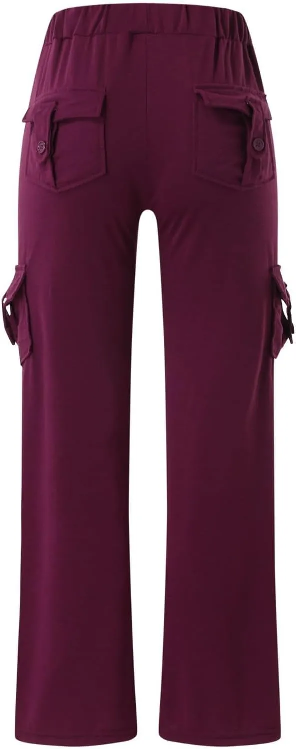 Cargo Pants Women Plus Size Stretchy Flare Yoga Leggings Palazzo Casual Drawstring Wide Leg Pants with Side Pockets