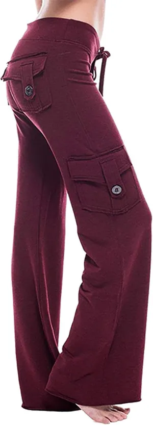 Cargo Pants Women Plus Size Stretchy Flare Yoga Leggings Palazzo Casual Drawstring Wide Leg Pants with Side Pockets