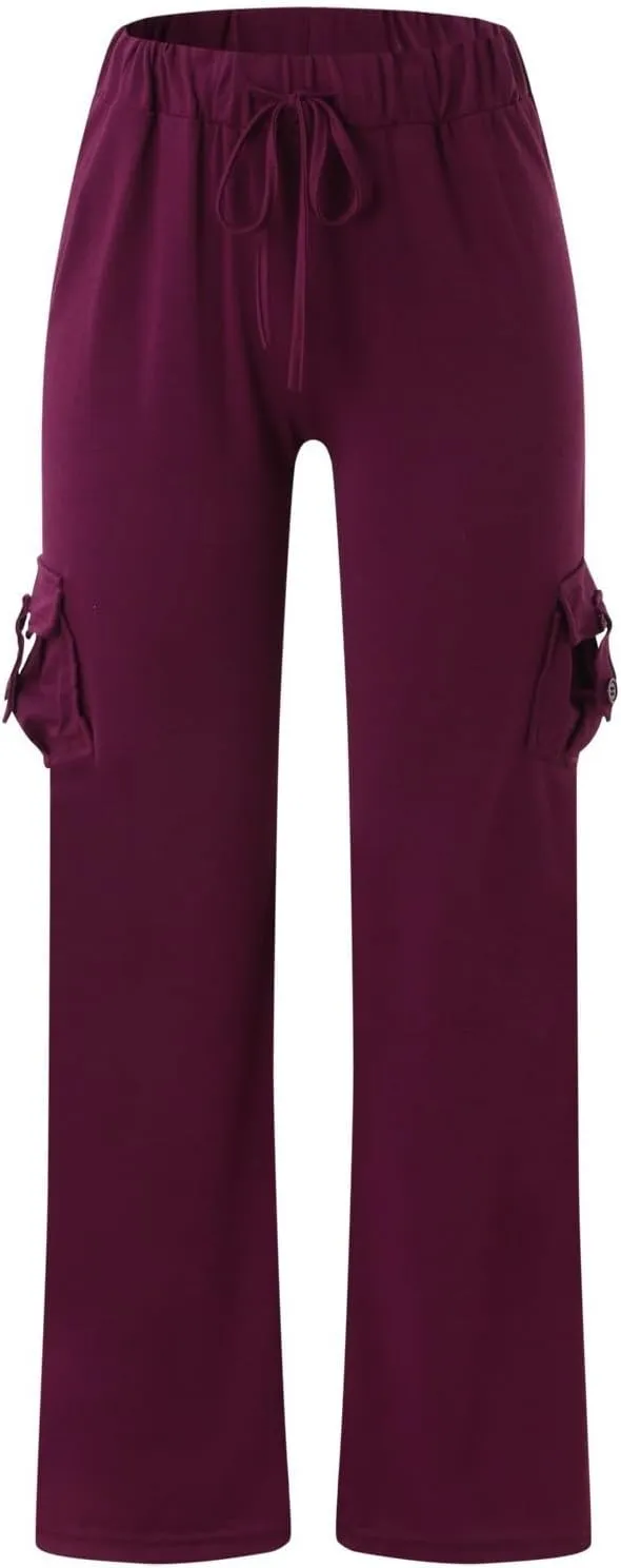 Cargo Pants Women Plus Size Stretchy Flare Yoga Leggings Palazzo Casual Drawstring Wide Leg Pants with Side Pockets