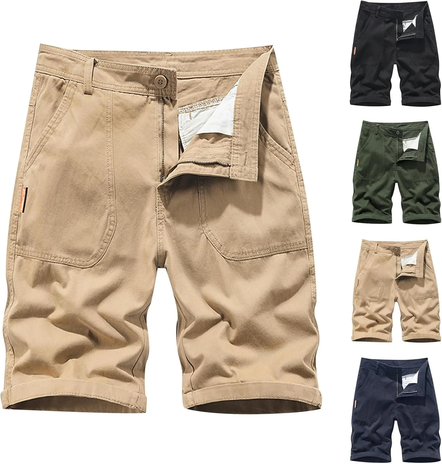 Cargo Shorts for Men Solid Men's Casual Cotton Shorts Elastic Waist Drawstring Summer Beach Golf Shorts with Pockets