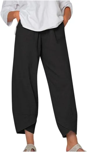 Casual Drawstring Loose Palazzo Yoga Harem Pants Capri Plus Size Boho Cotton Linen Cropped Wide Leg Beach Trousers