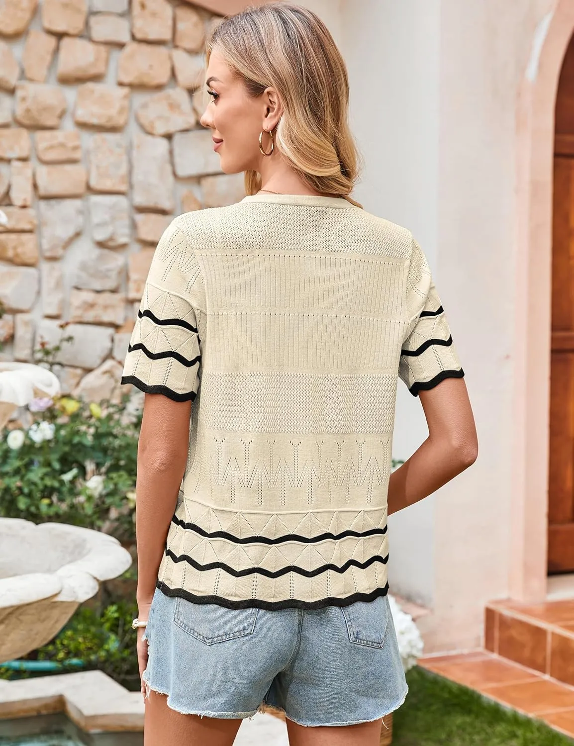CCTOO Womens Short Sleeve Cardigan: Summer Lightweight Striped Hollow Out Crochet Knit V Neck Button Down Shrug Sweaters
