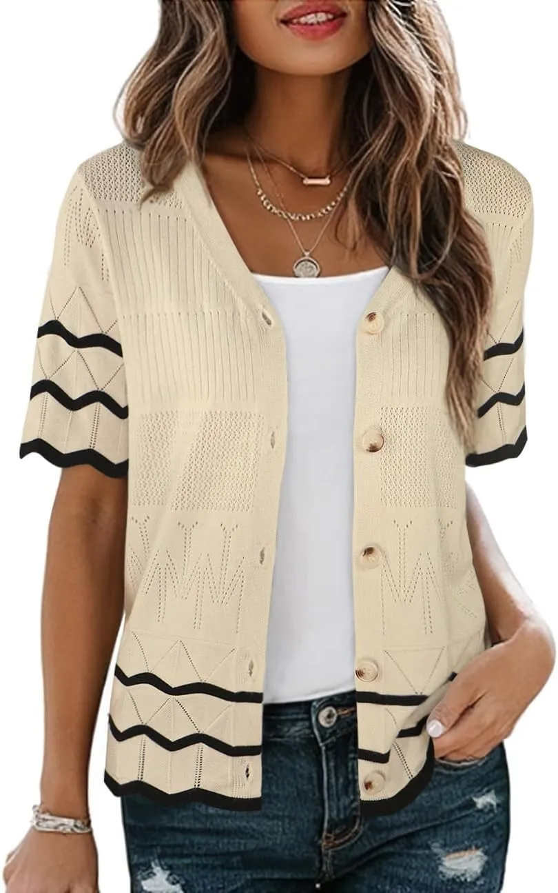 CCTOO Womens Short Sleeve Cardigan: Summer Lightweight Striped Hollow Out Crochet Knit V Neck Button Down Shrug Sweaters