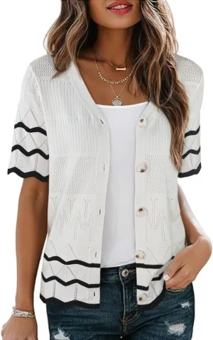 CCTOO Womens Short Sleeve Cardigan: Summer Lightweight Striped Hollow Out Crochet Knit V Neck Button Down Shrug Sweaters