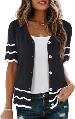 CCTOO Womens Short Sleeve Cardigan: Summer Lightweight Striped Hollow Out Crochet Knit V Neck Button Down Shrug Sweaters