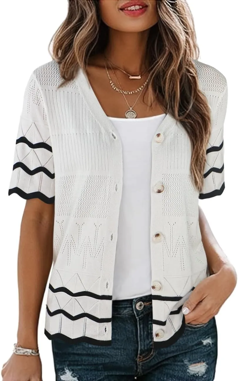 CCTOO Womens Short Sleeve Cardigan: Summer Lightweight Striped Hollow Out Crochet Knit V Neck Button Down Shrug Sweaters