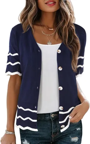 CCTOO Womens Short Sleeve Cardigan: Summer Lightweight Striped Hollow Out Crochet Knit V Neck Button Down Shrug Sweaters
