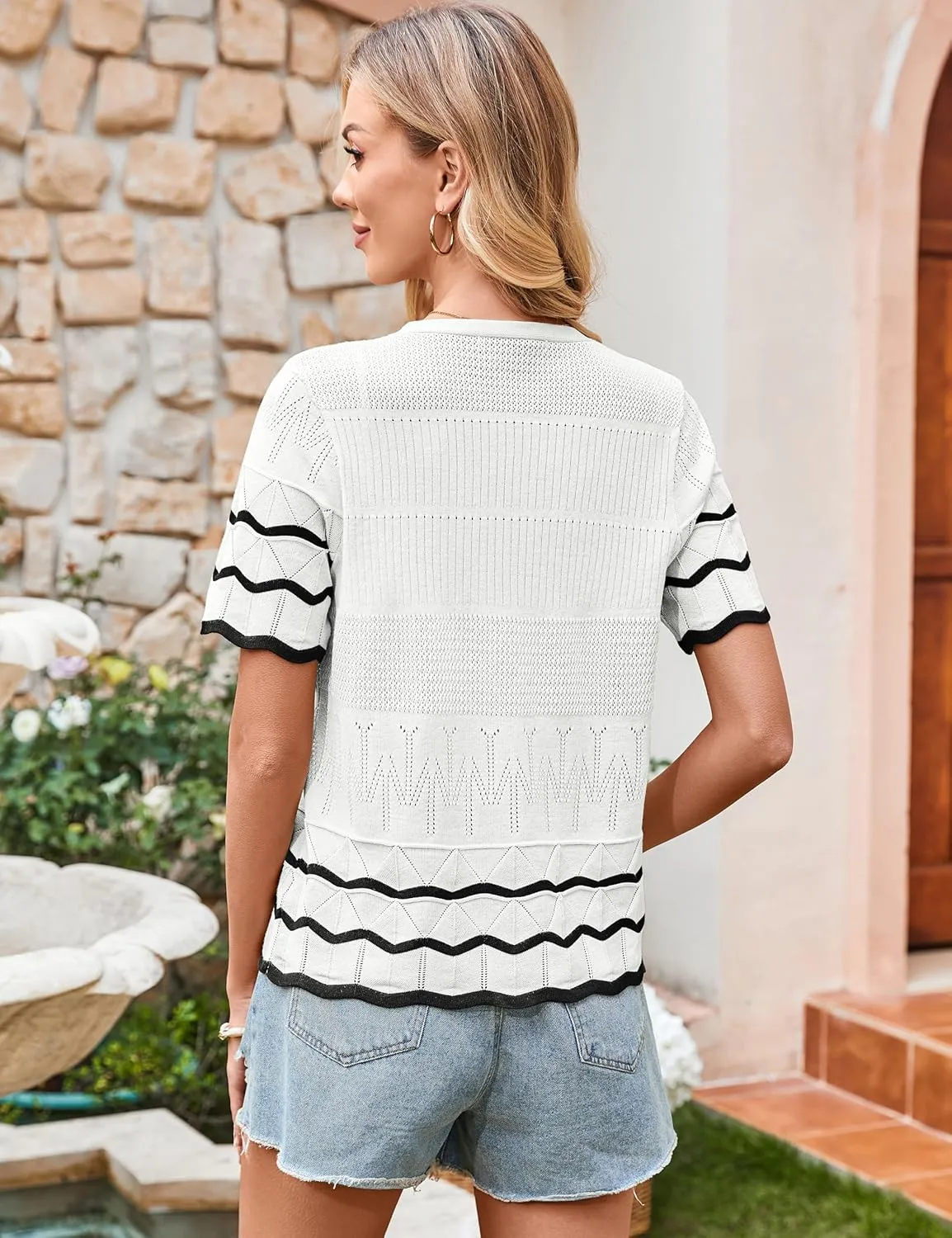 CCTOO Womens Short Sleeve Cardigan: Summer Lightweight Striped Hollow Out Crochet Knit V Neck Button Down Shrug Sweaters