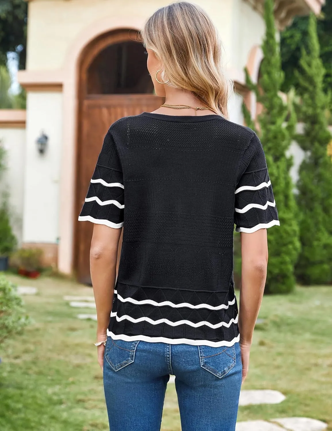 CCTOO Womens Short Sleeve Cardigan: Summer Lightweight Striped Hollow Out Crochet Knit V Neck Button Down Shrug Sweaters