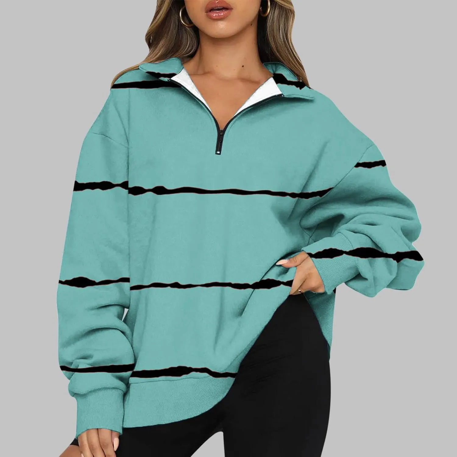 Ceboyel Women Striped Print Sweatshirts 2023 Oversized Hoodie Pullover 1/4 Zip Casual Fall Tops Loose Fit Trendy Outfits