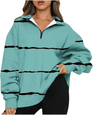 Ceboyel Women Striped Print Sweatshirts 2023 Oversized Hoodie Pullover 1/4 Zip Casual Fall Tops Loose Fit Trendy Outfits