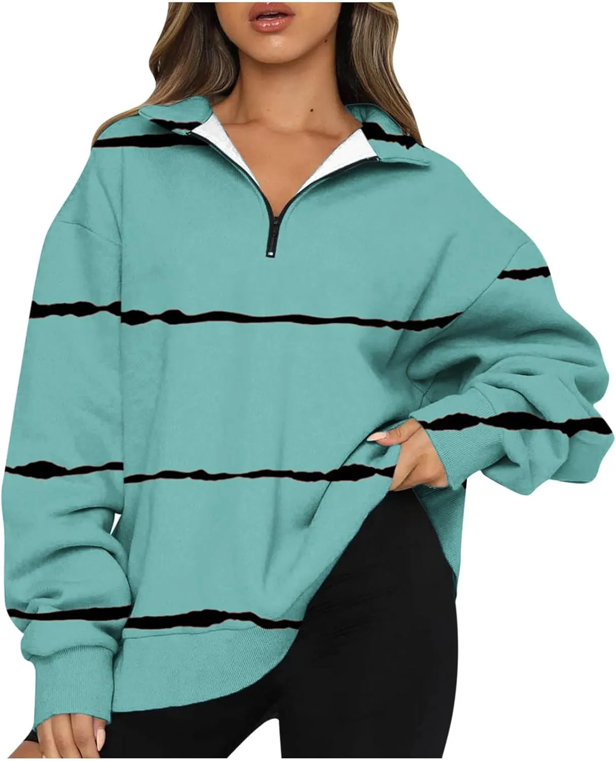 Ceboyel Women Striped Print Sweatshirts 2023 Oversized Hoodie Pullover 1/4 Zip Casual Fall Tops Loose Fit Trendy Outfits