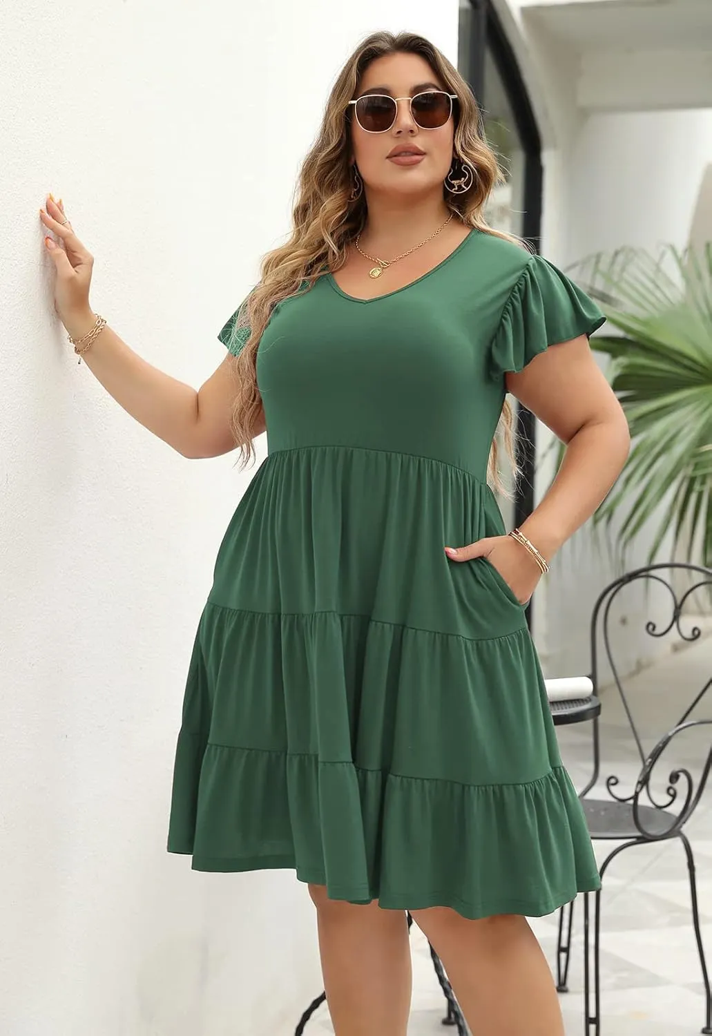 Celkuser Plus Size Casual Summer Dresses Curvy Womens Elastic Waist Tiered A Line Ruffle Hem Dress with Pockets