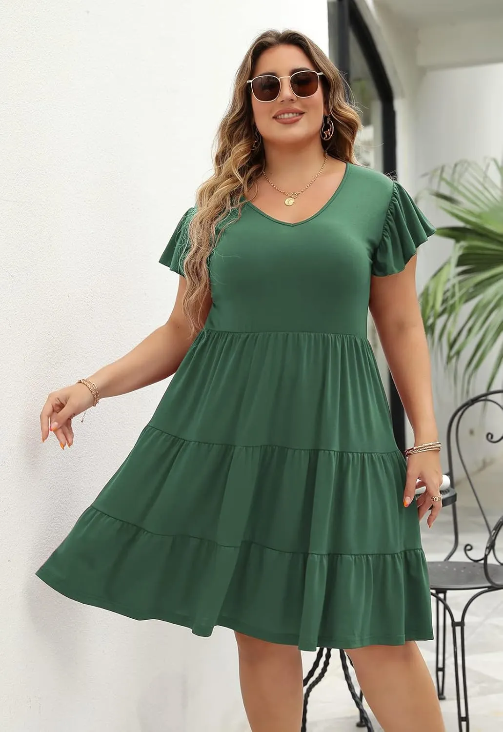Celkuser Plus Size Casual Summer Dresses Curvy Womens Elastic Waist Tiered A Line Ruffle Hem Dress with Pockets