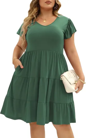 Celkuser Plus Size Casual Summer Dresses Curvy Womens Elastic Waist Tiered A Line Ruffle Hem Dress with Pockets