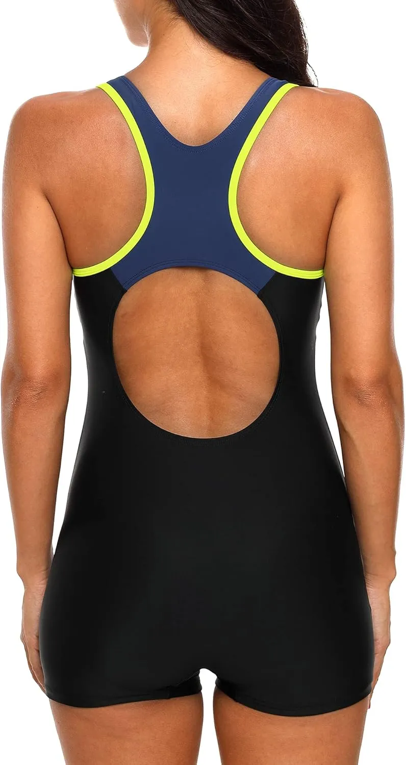 CharmLeaks Womens Boyleg Racerback One Piece Swimsuit Athletic Full Coverage Swimwear Lap Swimming Suit