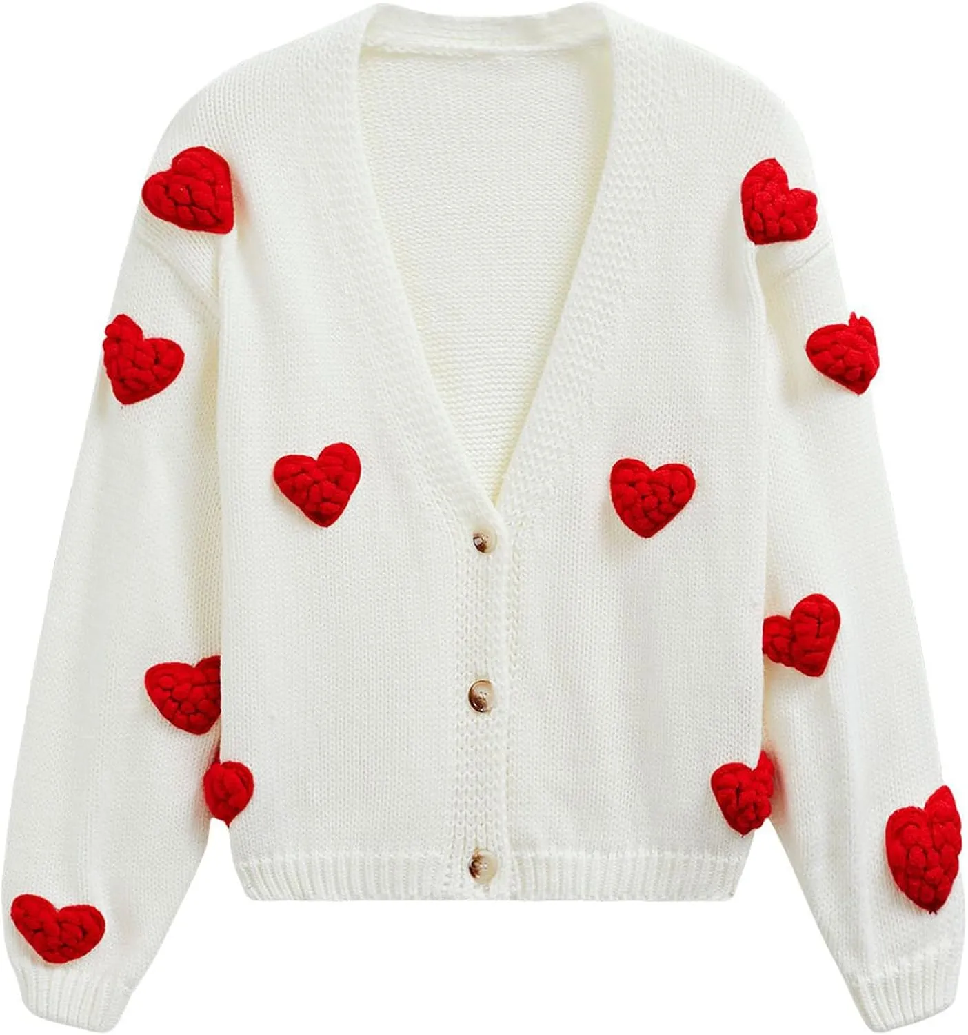 CHICWISH Women 3D Heart Open Front Cardigan Sweaters V-Neck Casual Button-Up Long Sleeve Cropped Knit Cardigan