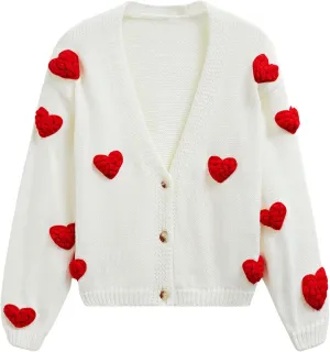 CHICWISH Women 3D Heart Open Front Cardigan Sweaters V-Neck Casual Button-Up Long Sleeve Cropped Knit Cardigan