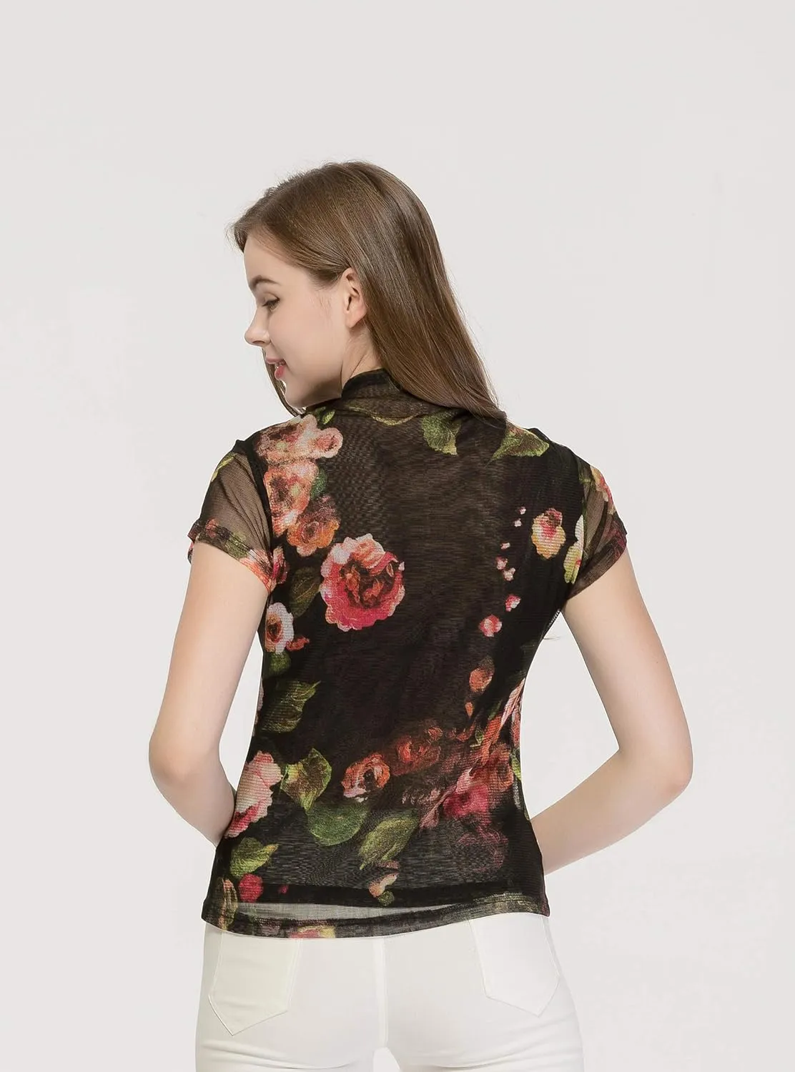 CLC Women's Mulberry Silk Printed T-Shirt Short Sleeve Mesh Shirt