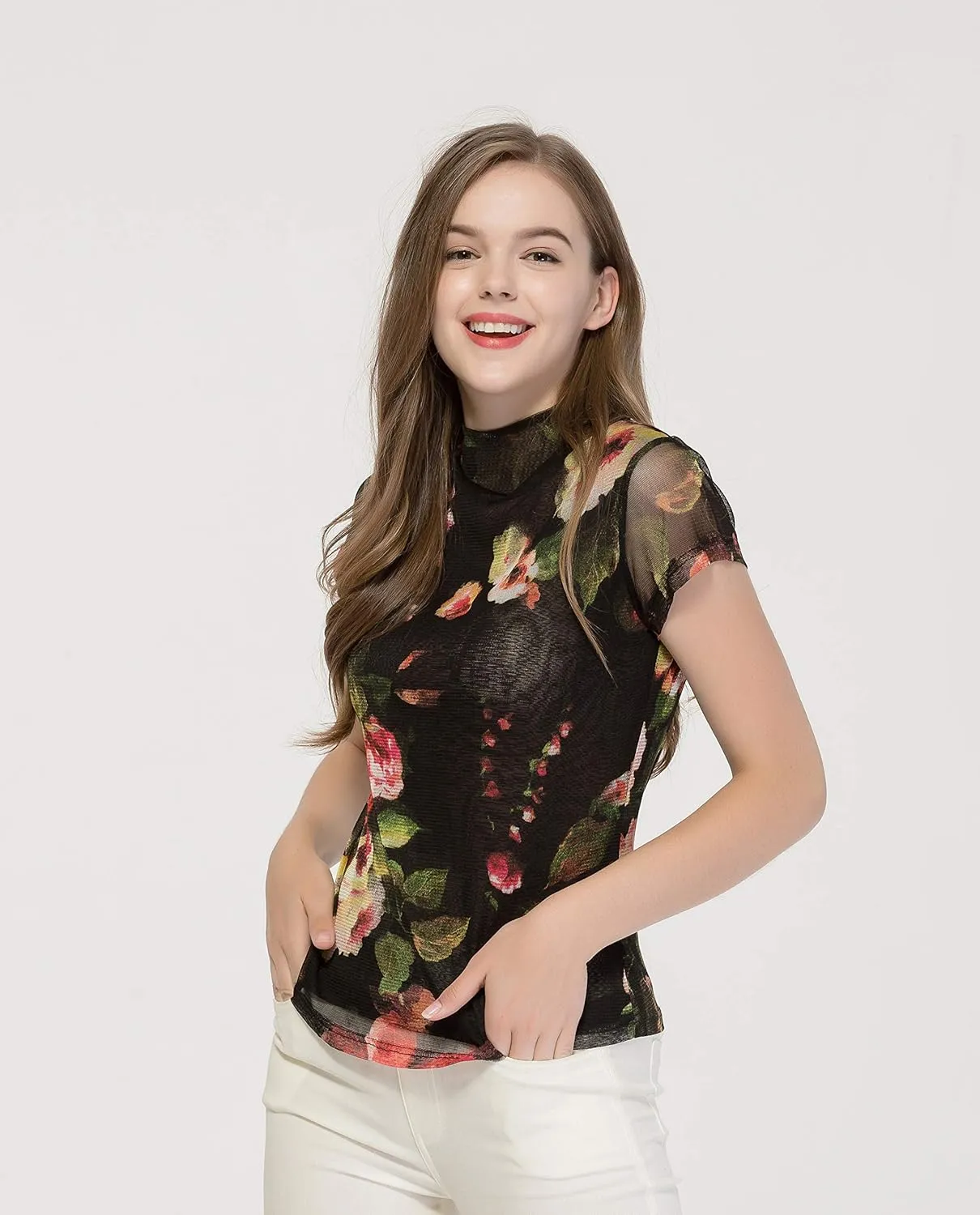 CLC Women's Mulberry Silk Printed T-Shirt Short Sleeve Mesh Shirt