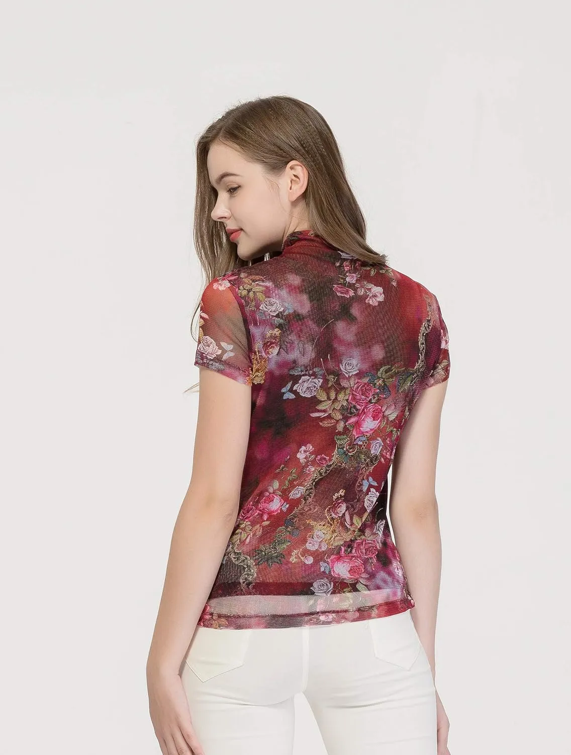 CLC Women's Mulberry Silk Printed T-Shirt Short Sleeve Mesh Shirt