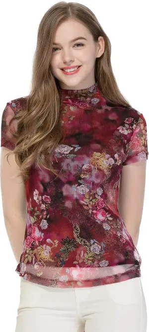 CLC Women's Mulberry Silk Printed T-Shirt Short Sleeve Mesh Shirt