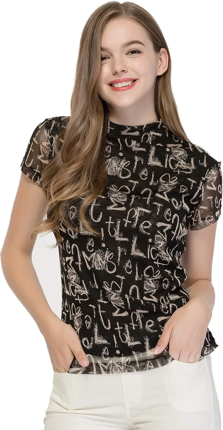 CLC Women's Mulberry Silk Printed T-Shirt Short Sleeve Mesh Shirt
