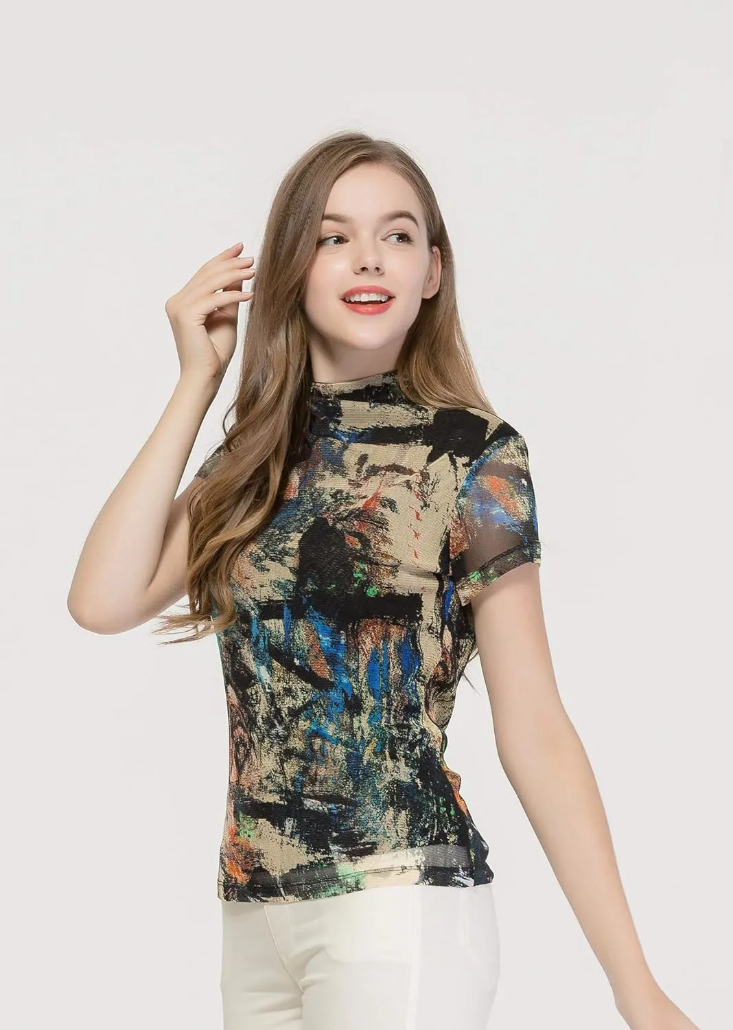 CLC Women's Mulberry Silk Printed T-Shirt Short Sleeve Mesh Shirt