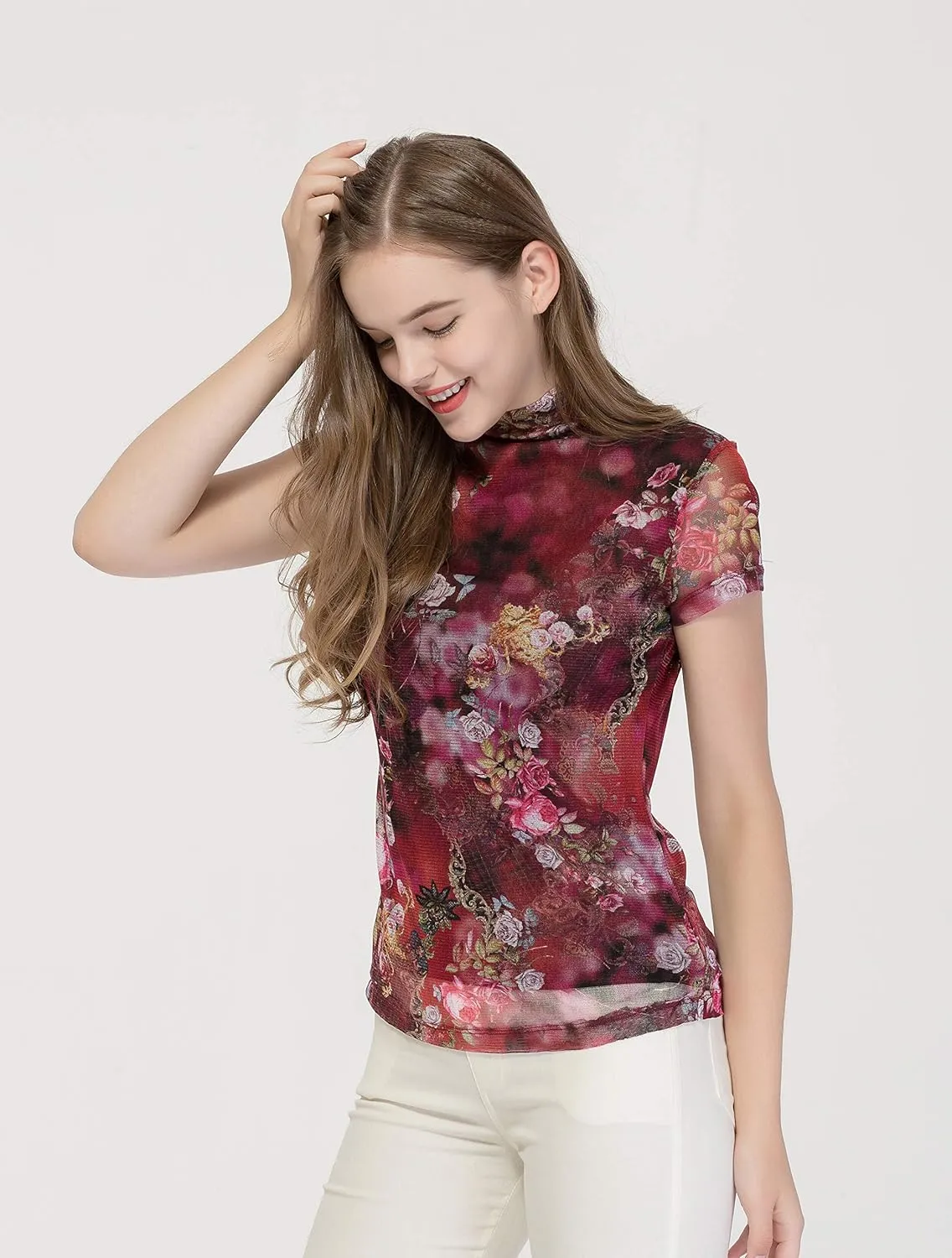 CLC Women's Mulberry Silk Printed T-Shirt Short Sleeve Mesh Shirt