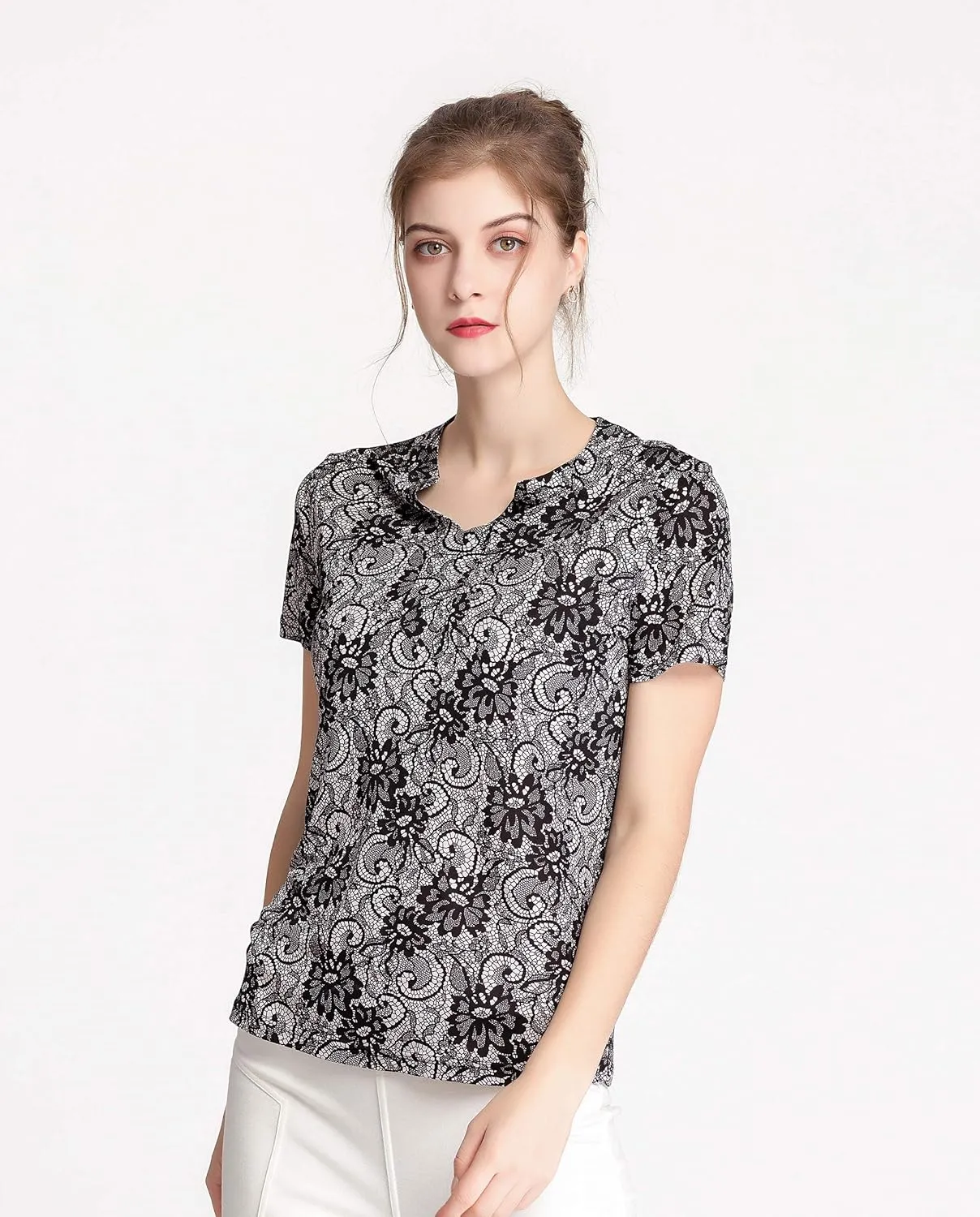 CLC Women's Mulberry Silk Printed T-Shirt Short Sleeve Shirt