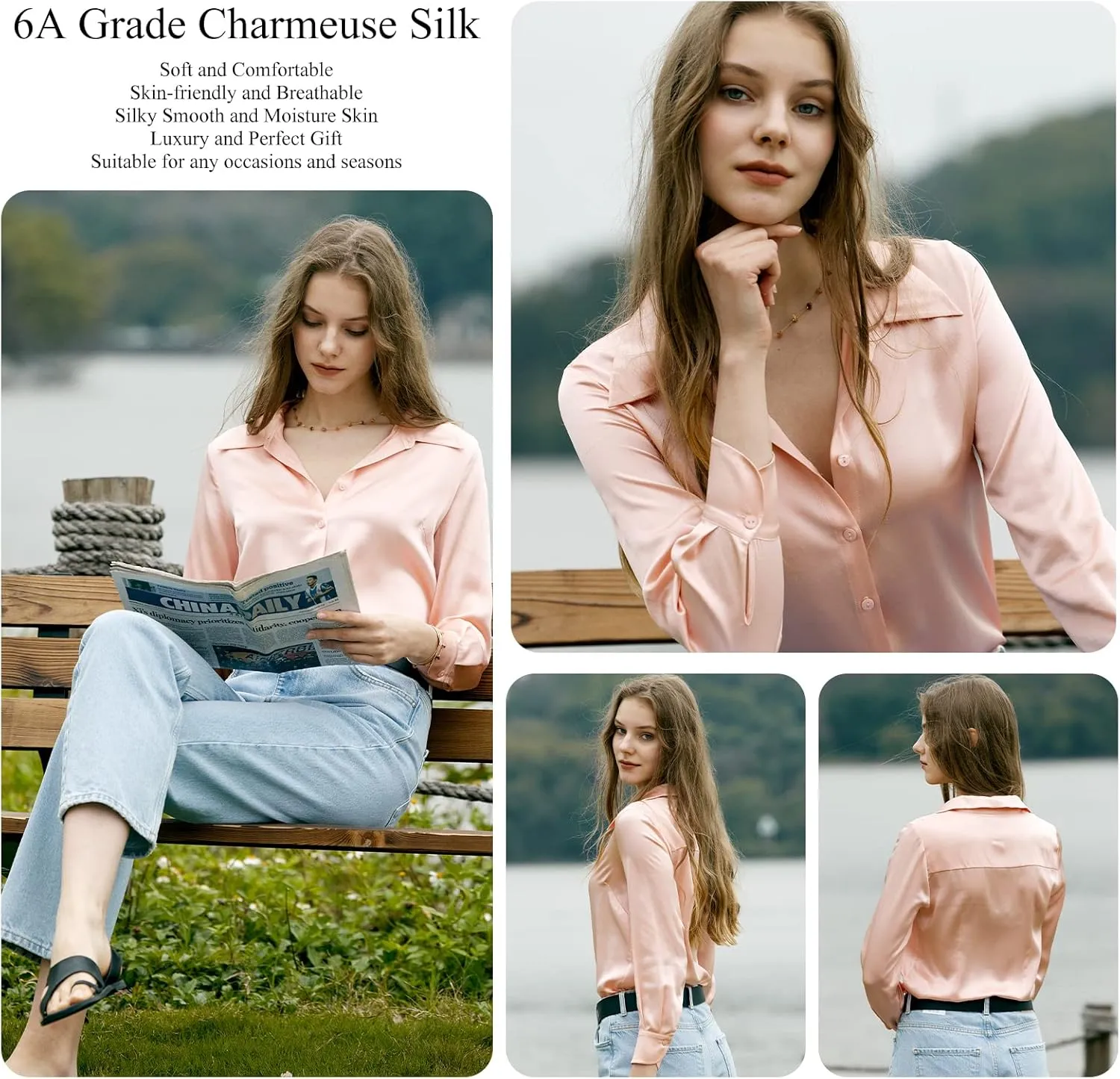 COLD POSH Silk Blouses for Women Elegant Tops Summer Spring Shirts Mulberry Silk Button Down Shirt