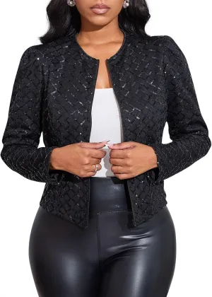Cololura Women Casual Open Front Sequin Jackets Cardigan Glitter Long Sleeve Short Coats Crop Blazer