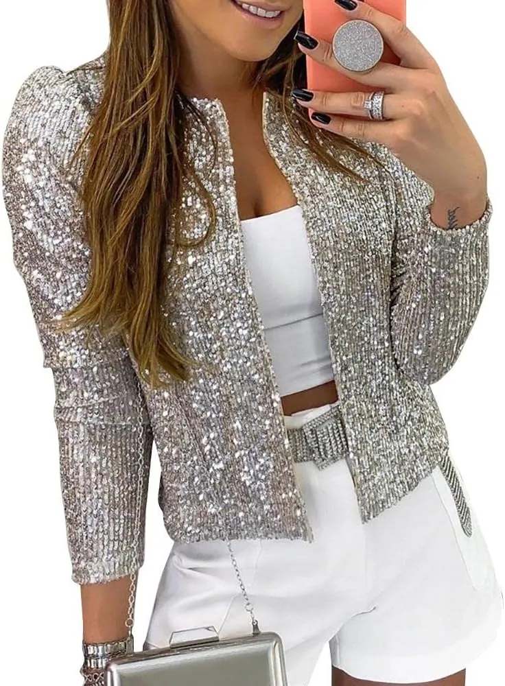 Cololura Women Casual Open Front Sequin Jackets Cardigan Glitter Long Sleeve Short Coats Crop Blazer