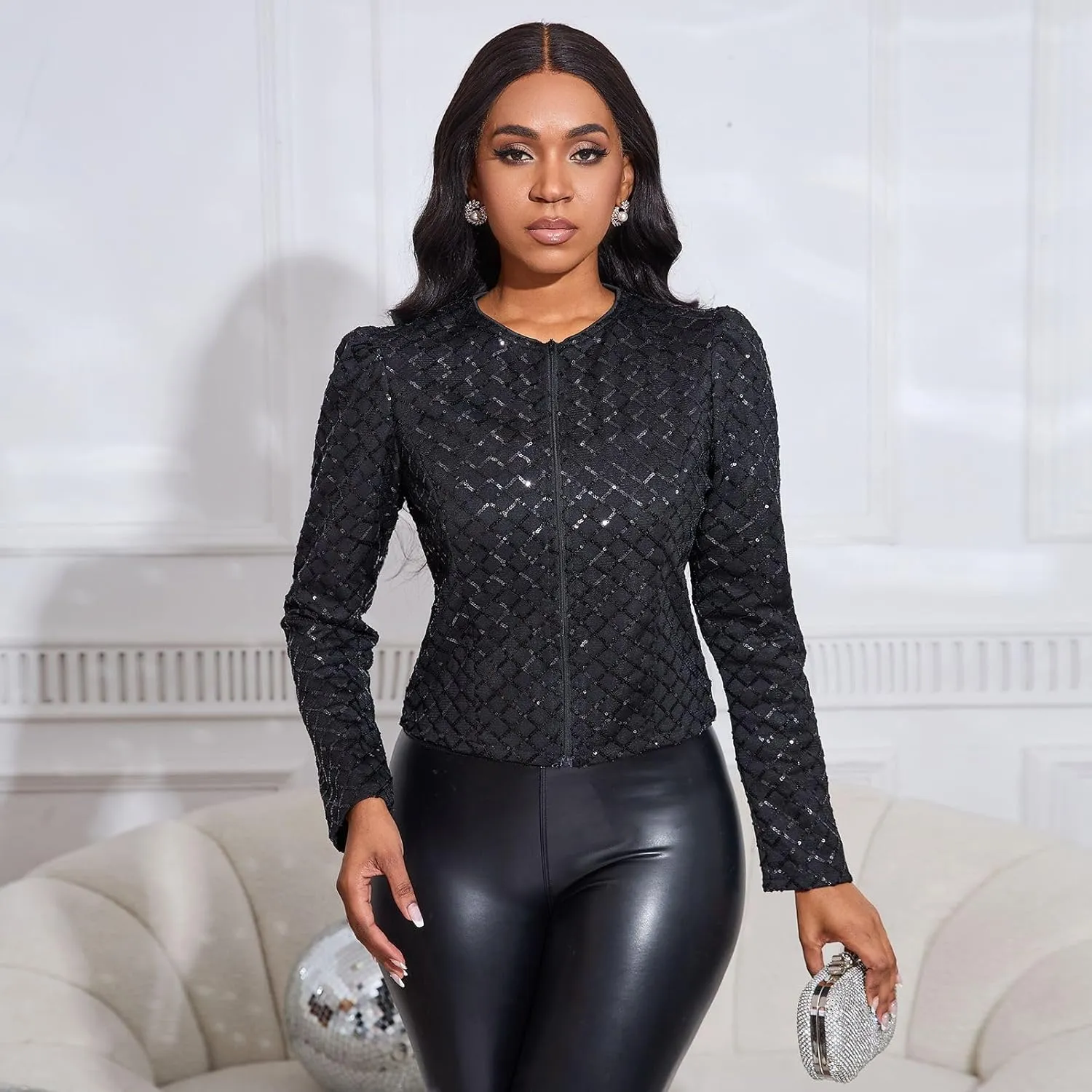Cololura Women Casual Open Front Sequin Jackets Cardigan Glitter Long Sleeve Short Coats Crop Blazer