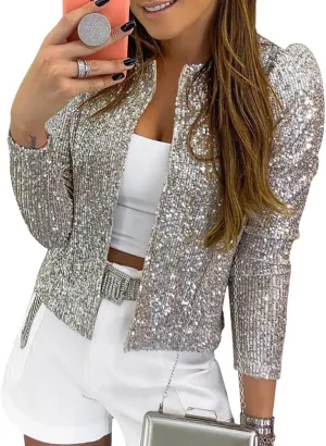 Cololura Women Casual Open Front Sequin Jackets Cardigan Glitter Long Sleeve Short Coats Crop Blazer