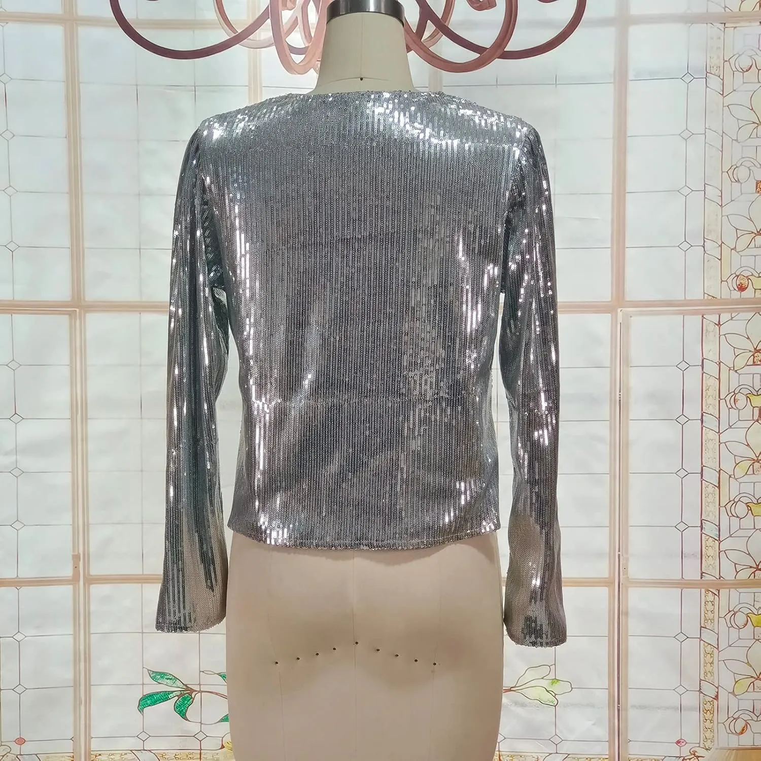 Cololura Women Casual Open Front Sequin Jackets Cardigan Glitter Long Sleeve Short Coats Crop Blazer