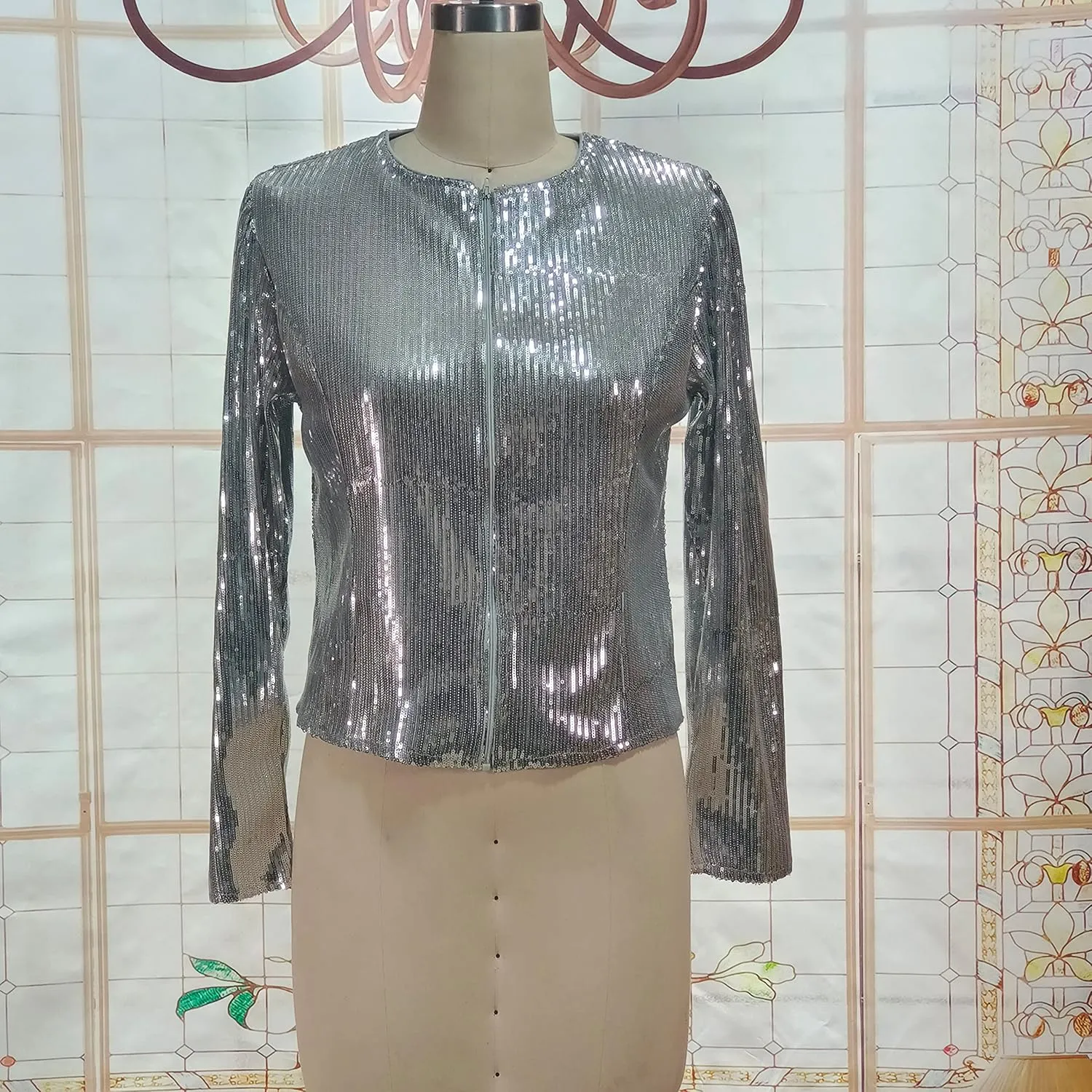 Cololura Women Casual Open Front Sequin Jackets Cardigan Glitter Long Sleeve Short Coats Crop Blazer
