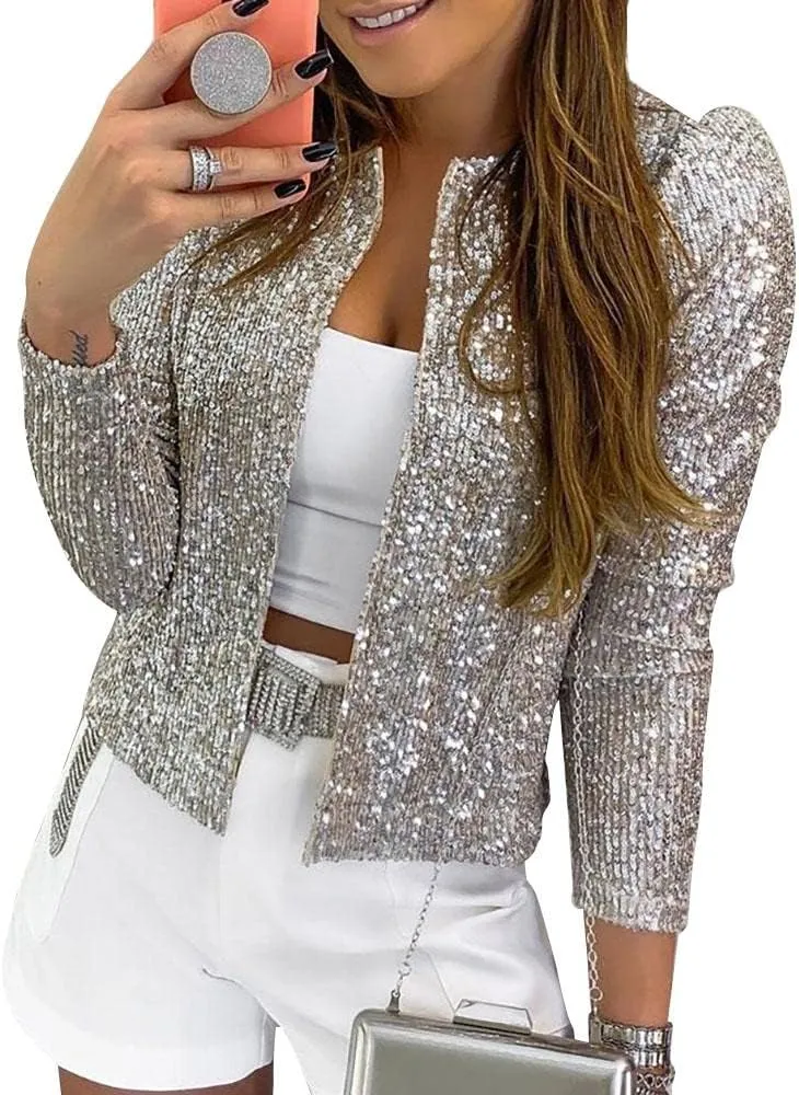 Cololura Women Casual Open Front Sequin Jackets Cardigan Glitter Long Sleeve Short Coats Crop Blazer