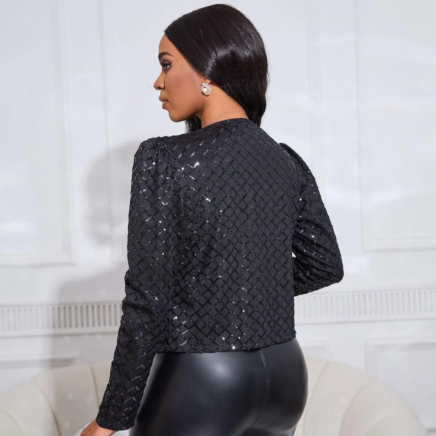 Cololura Women Casual Open Front Sequin Jackets Cardigan Glitter Long Sleeve Short Coats Crop Blazer