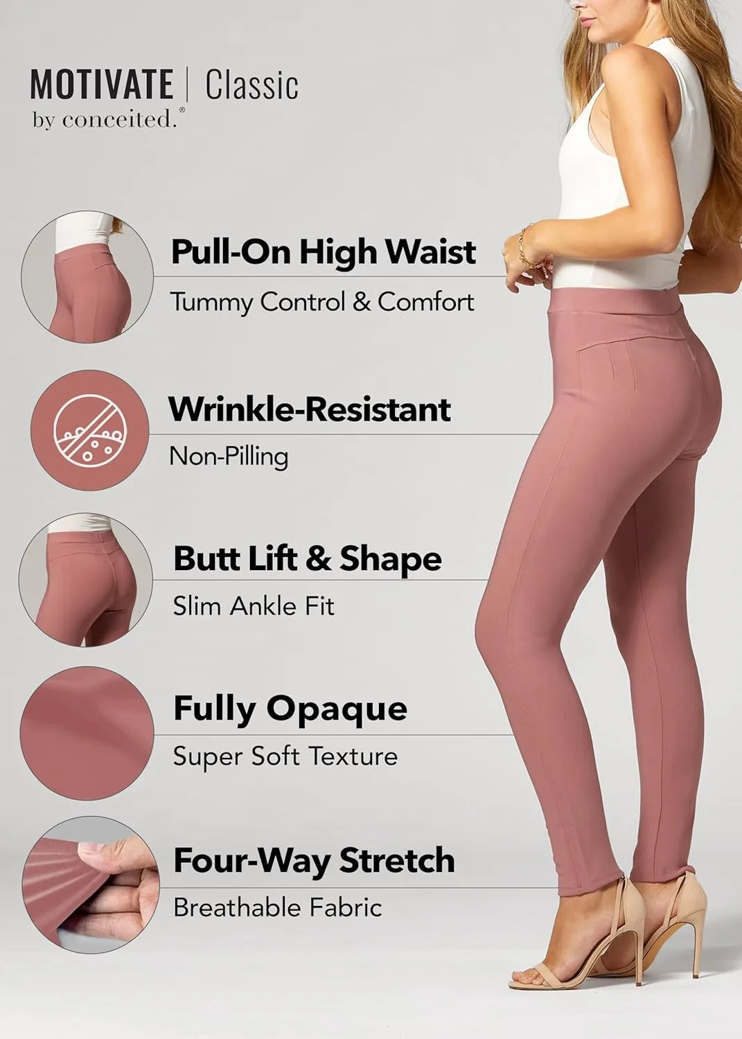 Conceited Stretch Ponte Pants for Women - Dressy Leggings - High Waist Shaping Butt Lifting