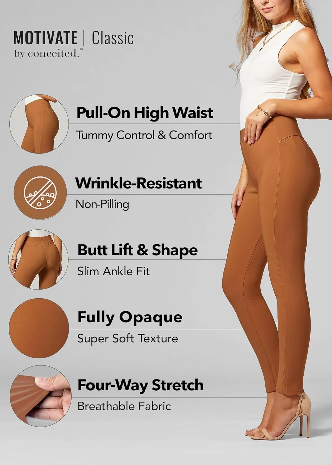 Conceited Stretch Ponte Pants for Women - Dressy Leggings - High Waist Shaping Butt Lifting