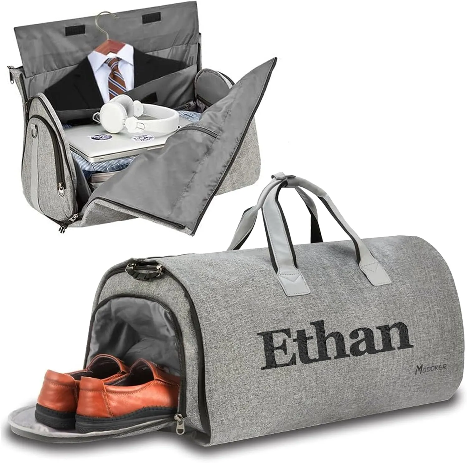Convertible Garment Bags for Travel with Embroidered Name, Carry On Garment Bag with Shoulder Strap for Men, Custom Duffle Garment Bag for Suit, Personalized Weekender Bag, Hanging Suitcase Bag- Grey