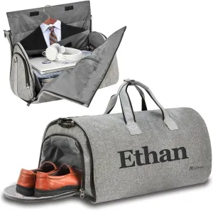 Convertible Garment Bags for Travel with Embroidered Name, Carry On Garment Bag with Shoulder Strap for Men, Custom Duffle Garment Bag for Suit, Personalized Weekender Bag, Hanging Suitcase Bag- Grey