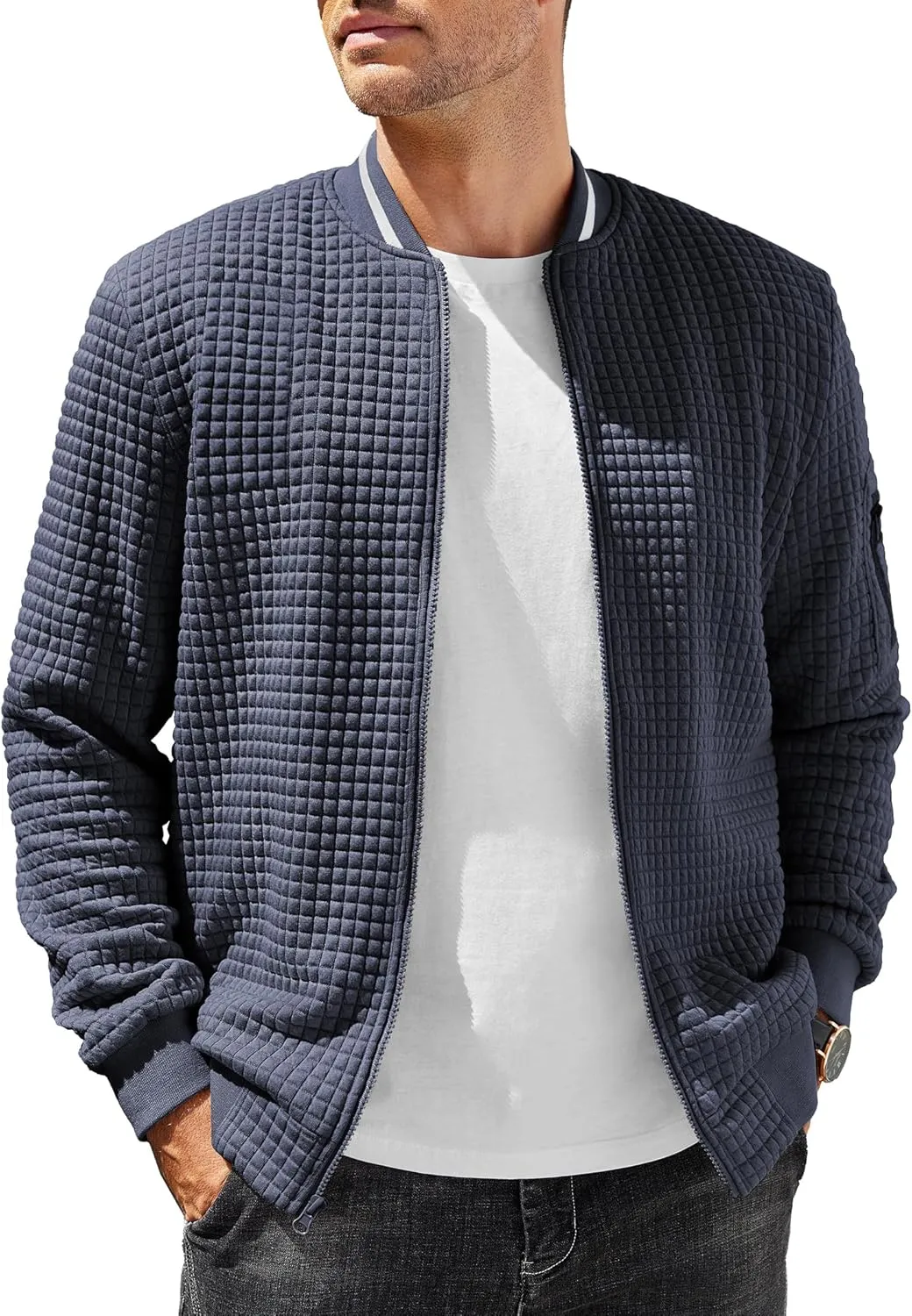 COOFANDY Mens Casual Jackets Lightweight Fall Bomber Jacket Full Zip Knit Sweater Jacket Varsity Coat