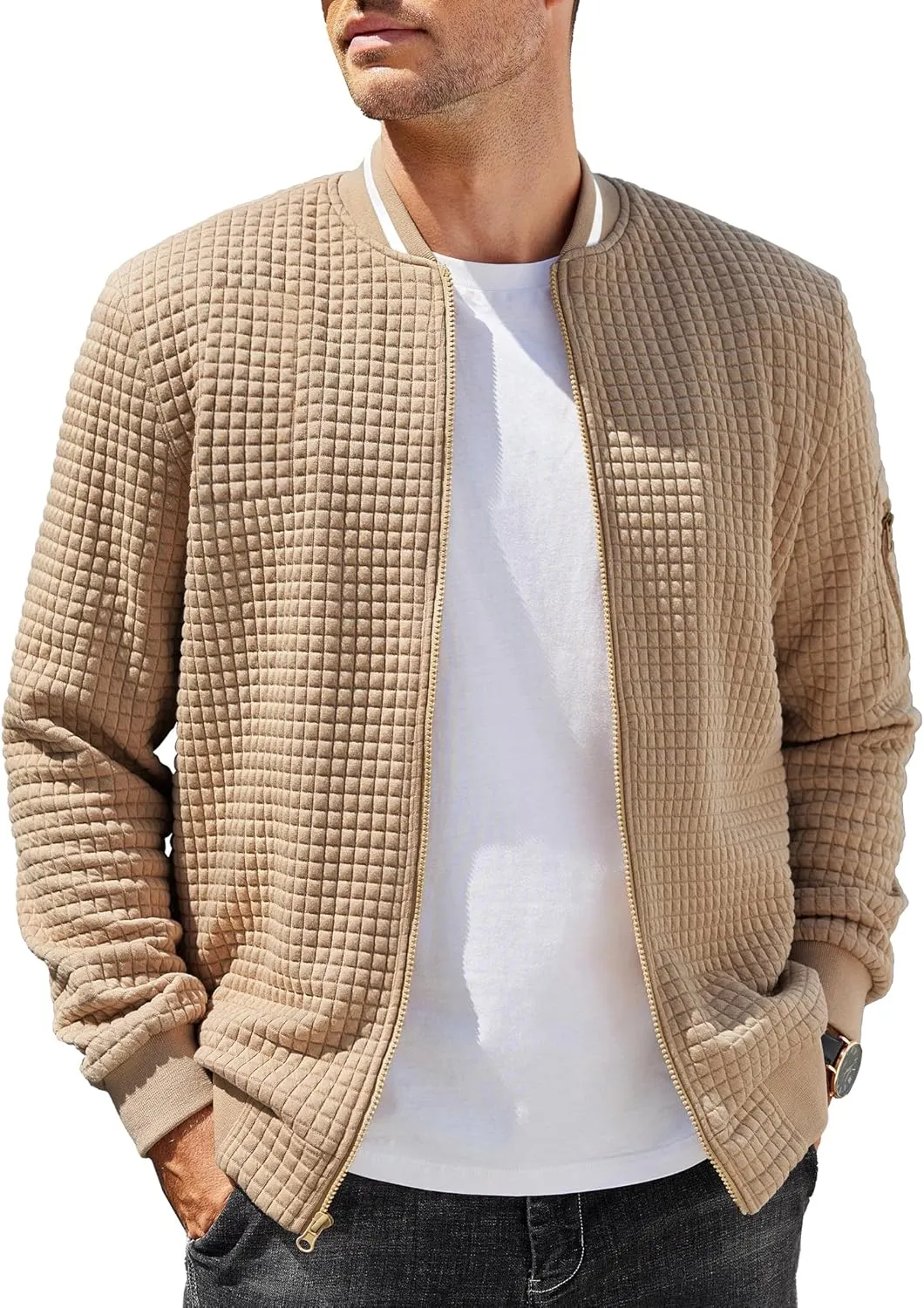 COOFANDY Mens Casual Jackets Lightweight Fall Bomber Jacket Full Zip Knit Sweater Jacket Varsity Coat