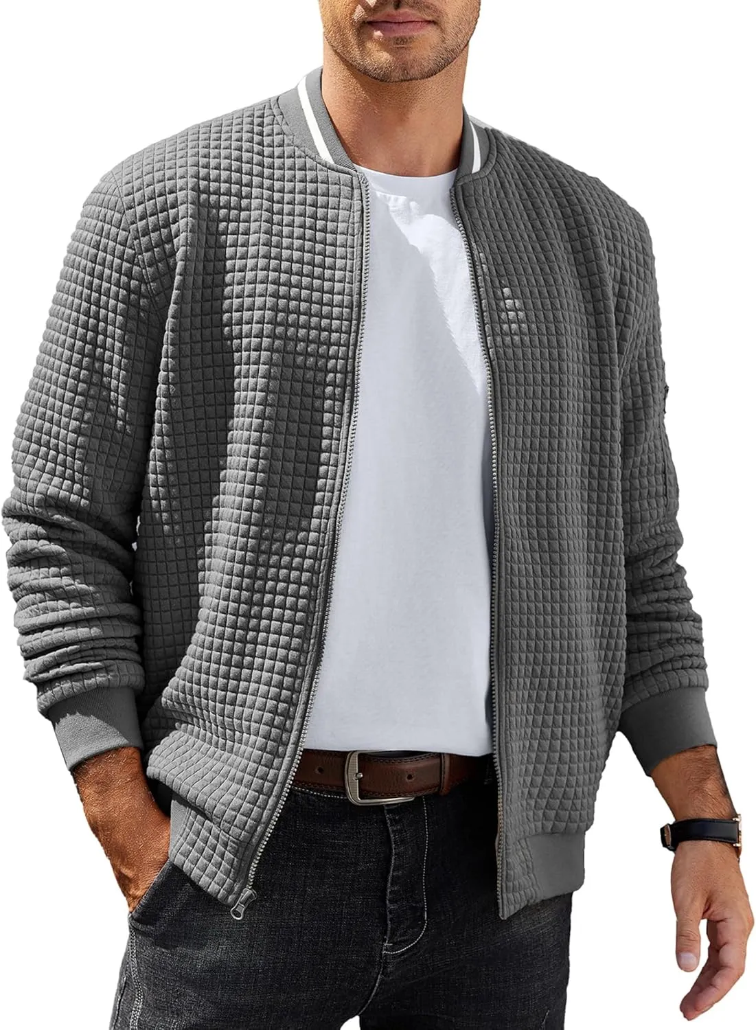 COOFANDY Mens Casual Jackets Lightweight Fall Bomber Jacket Full Zip Knit Sweater Jacket Varsity Coat