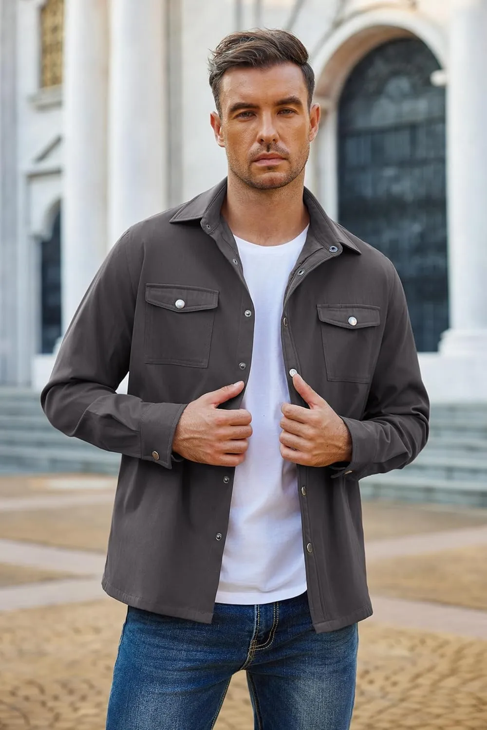 COOFANDY Men's Casual Lightweight Shirt Jacket Work Shacket Jackets Military Button Down Overshirt With Flap Pockets