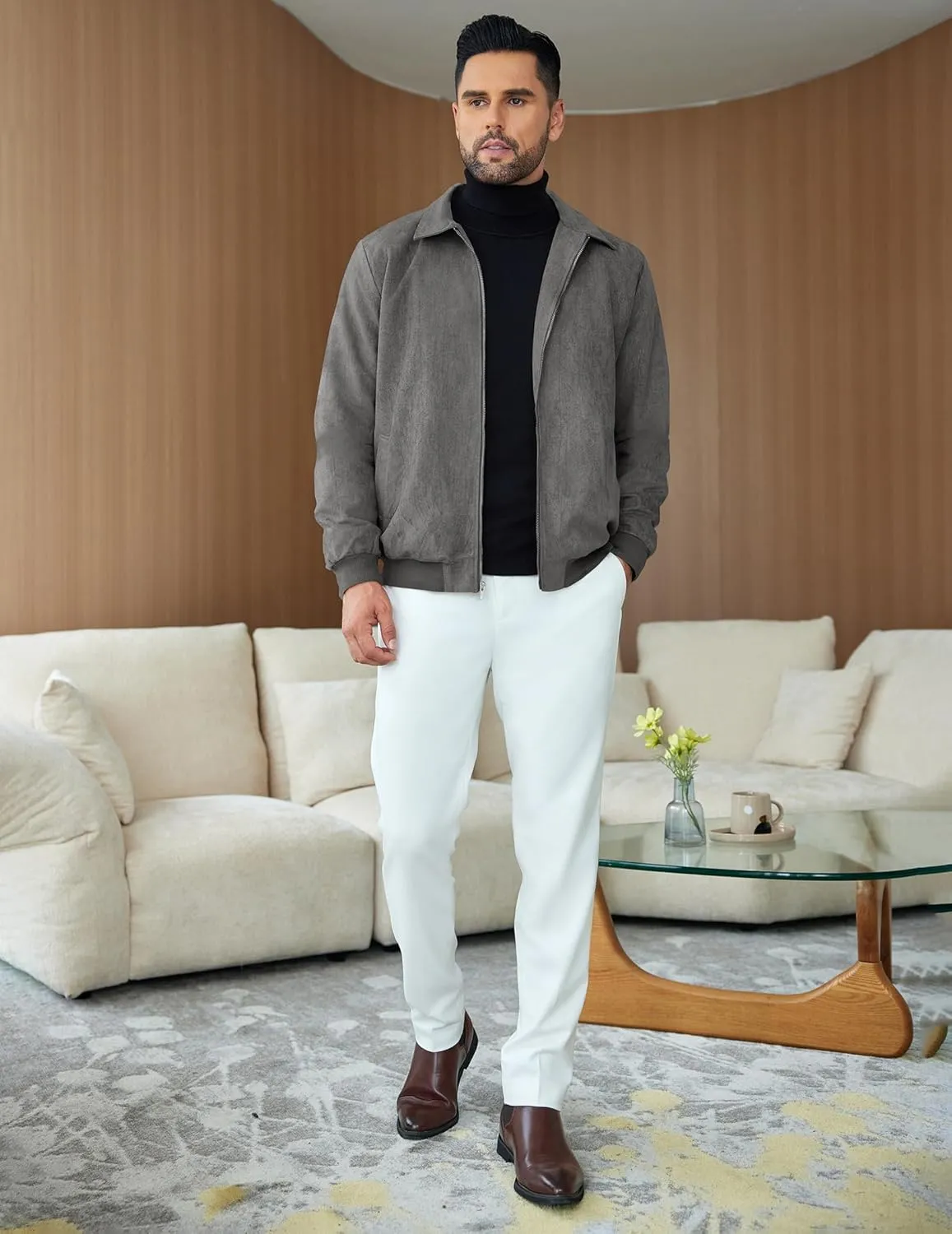 COOFANDY Men's Casual Suede Bomber Jacket Lightweight Full Zip Up Jackets Vintage Faux Leather Jacket