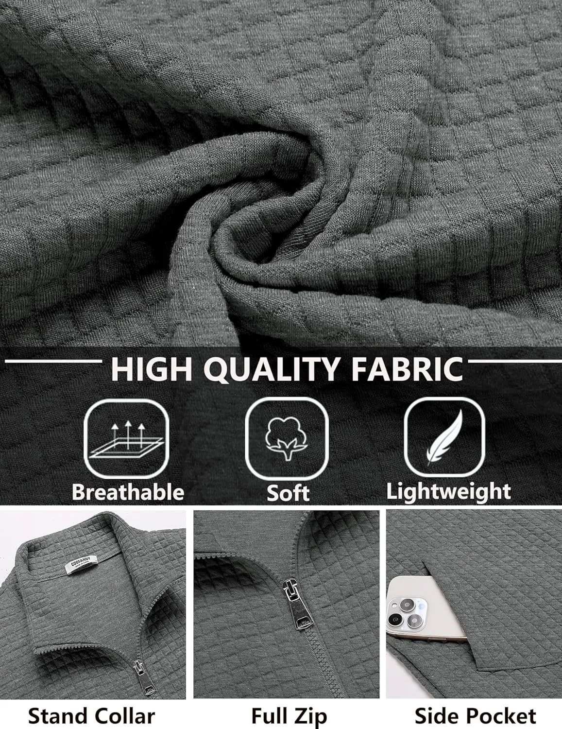 COOFANDY Men's Lightweight Varsity Jacket Casual Bomber Jackets Waffle Zip Up Coat with Pocket